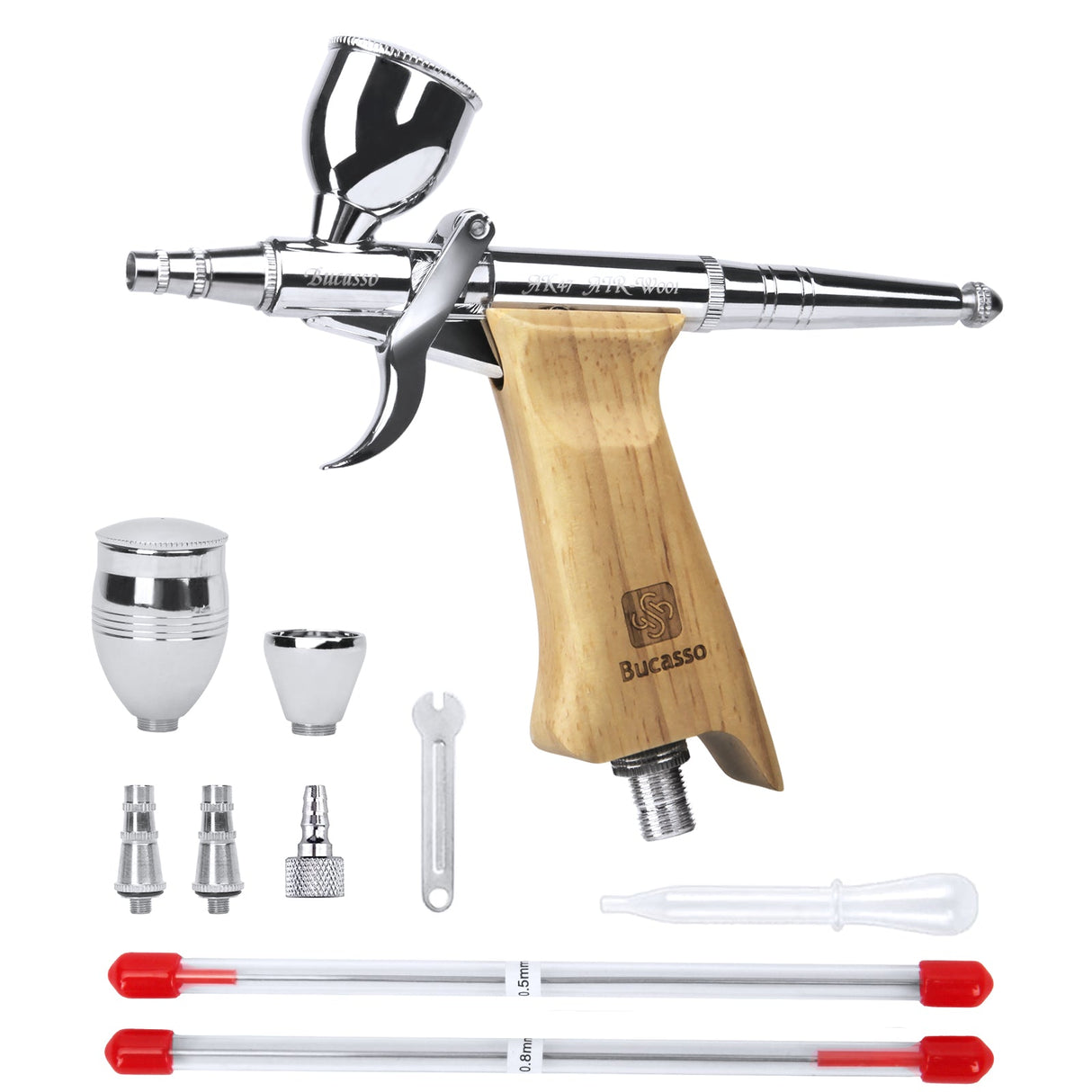 Bucasso Airbrush Guns for Painting, Double Action Trigger Airbrush Kit with 0.3mm/0.5mm/0.8mm Needles/Nozzle Sets, Replaceable Fluid Cup, Airbrush Spray set for Painting Nails Cake Tattoo (Wood Color 01)
