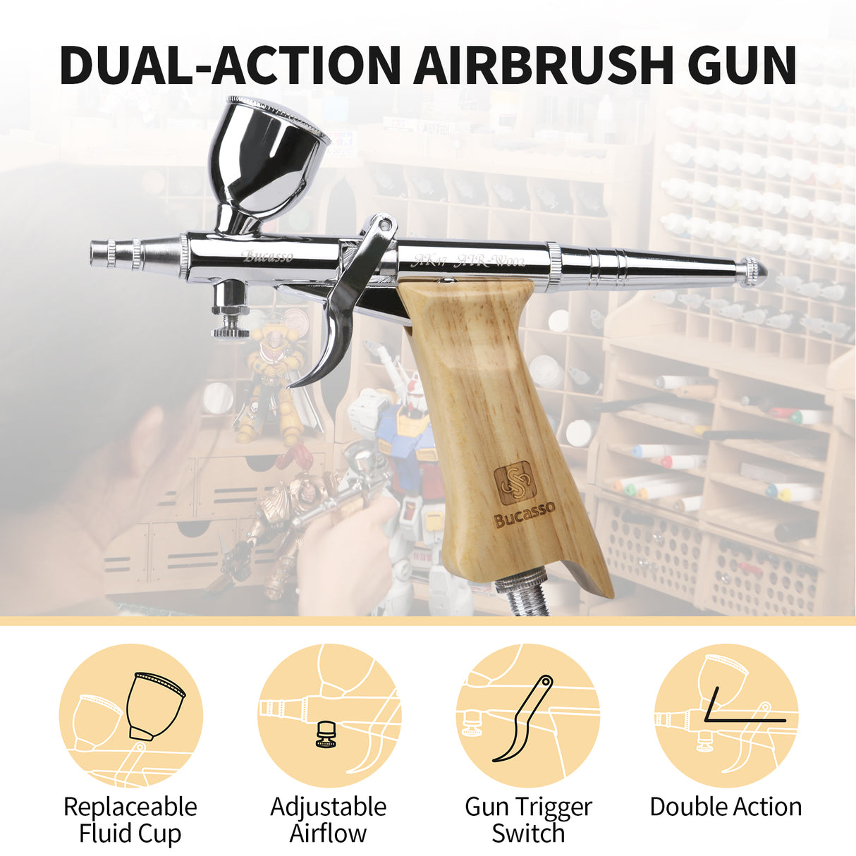 Bucasso Airbrush Guns for Painting, Double Action Trigger Airbrush Kit with 0.3mm/0.5mm/0.8mm Needles/Nozzle Sets, Replaceable Fluid Cup, Airbrush Spray set for Painting Nails Cake Tattoo (Wood Color 02)