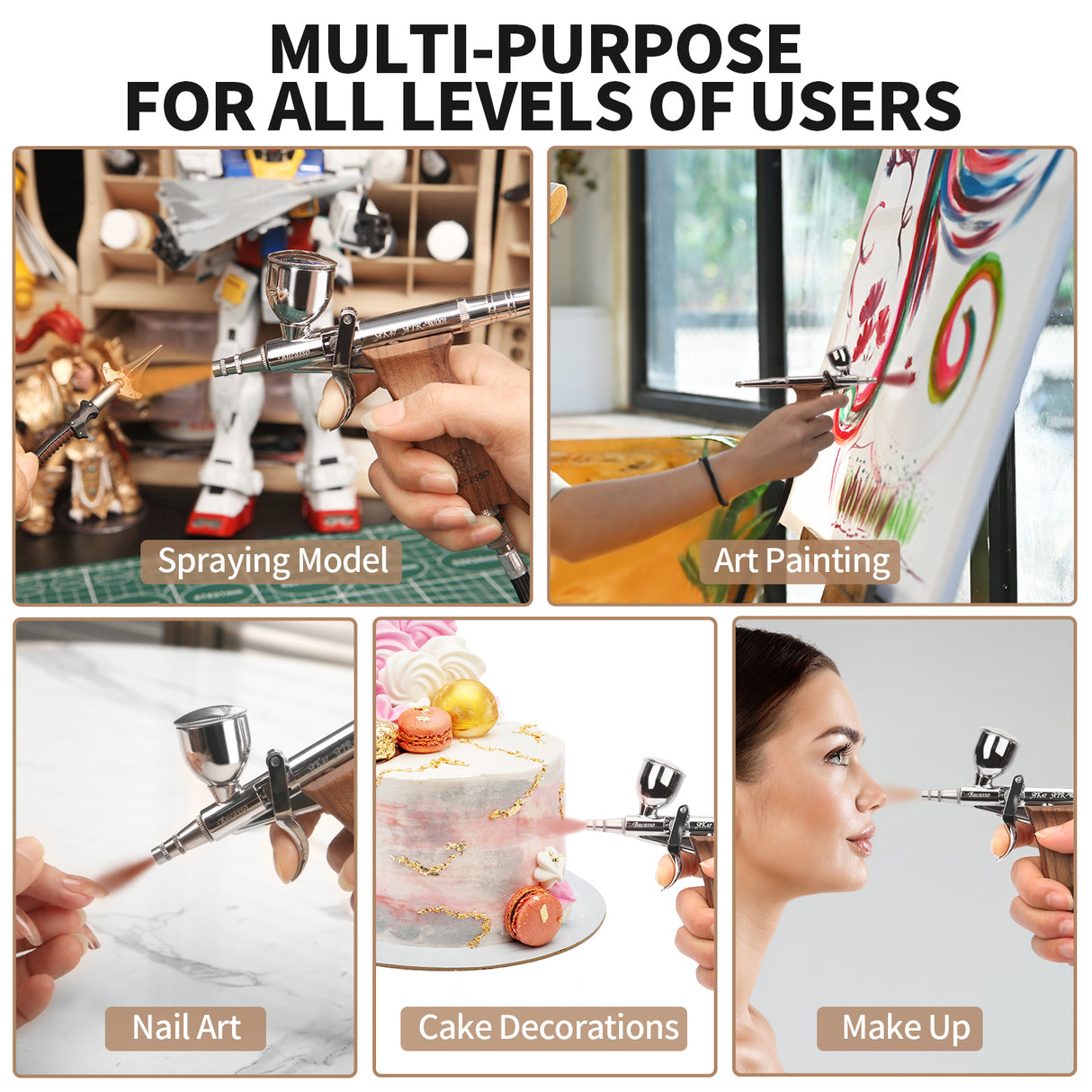 Bucasso Airbrush Kit, Air Brush Spray Gun with 0.3mm/0.5mm/0.8mm Needles/Nozzle Sets, 3cc/7cc/11cc Replaceable Fluid Cup for Painting Model Nails Cake Tattoo Makeup (Walnut 01)