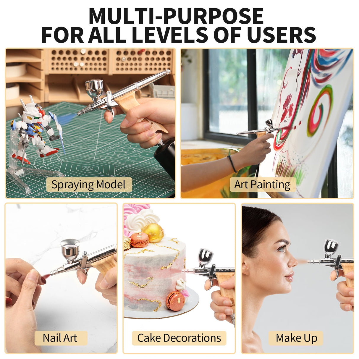 Bucasso Airbrush Guns for Painting, Double Action Trigger Airbrush Kit with 0.3mm/0.5mm/0.8mm Needles/Nozzle Sets, Replaceable Fluid Cup, Airbrush Spray set for Painting Nails Cake Tattoo (Wood Color 01)