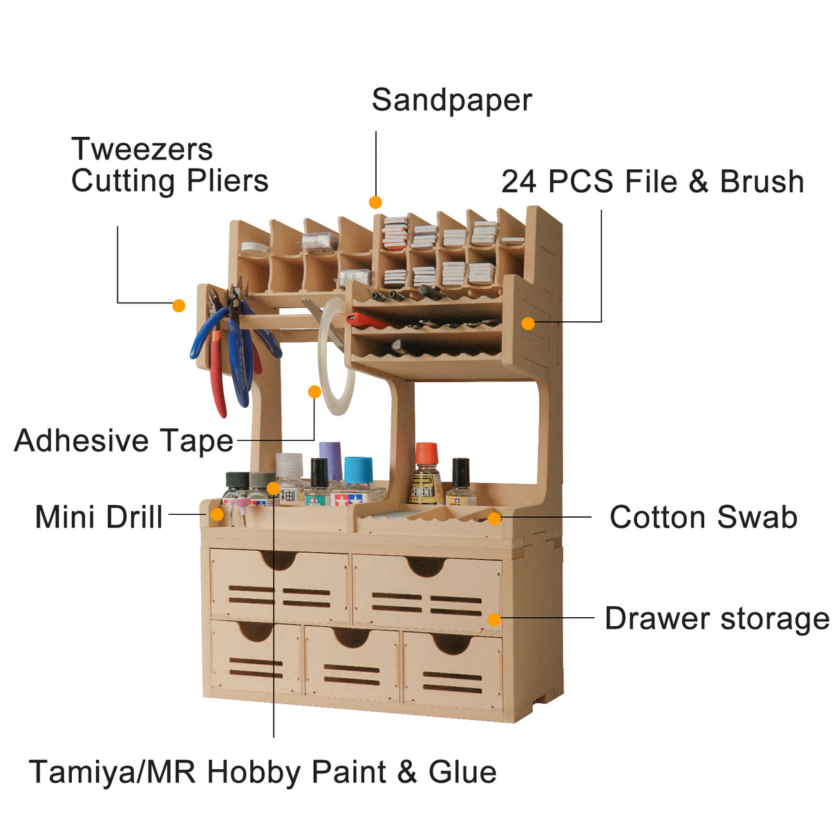 Plastic Model Paint Rack Tool Storage All-in-One Modeling Tool Storage Rack Drawer Parts Storage Rack MDF Material Pliers/Files/Brush/Tweezers/Paint Storage Assembly Workstation GK Plus