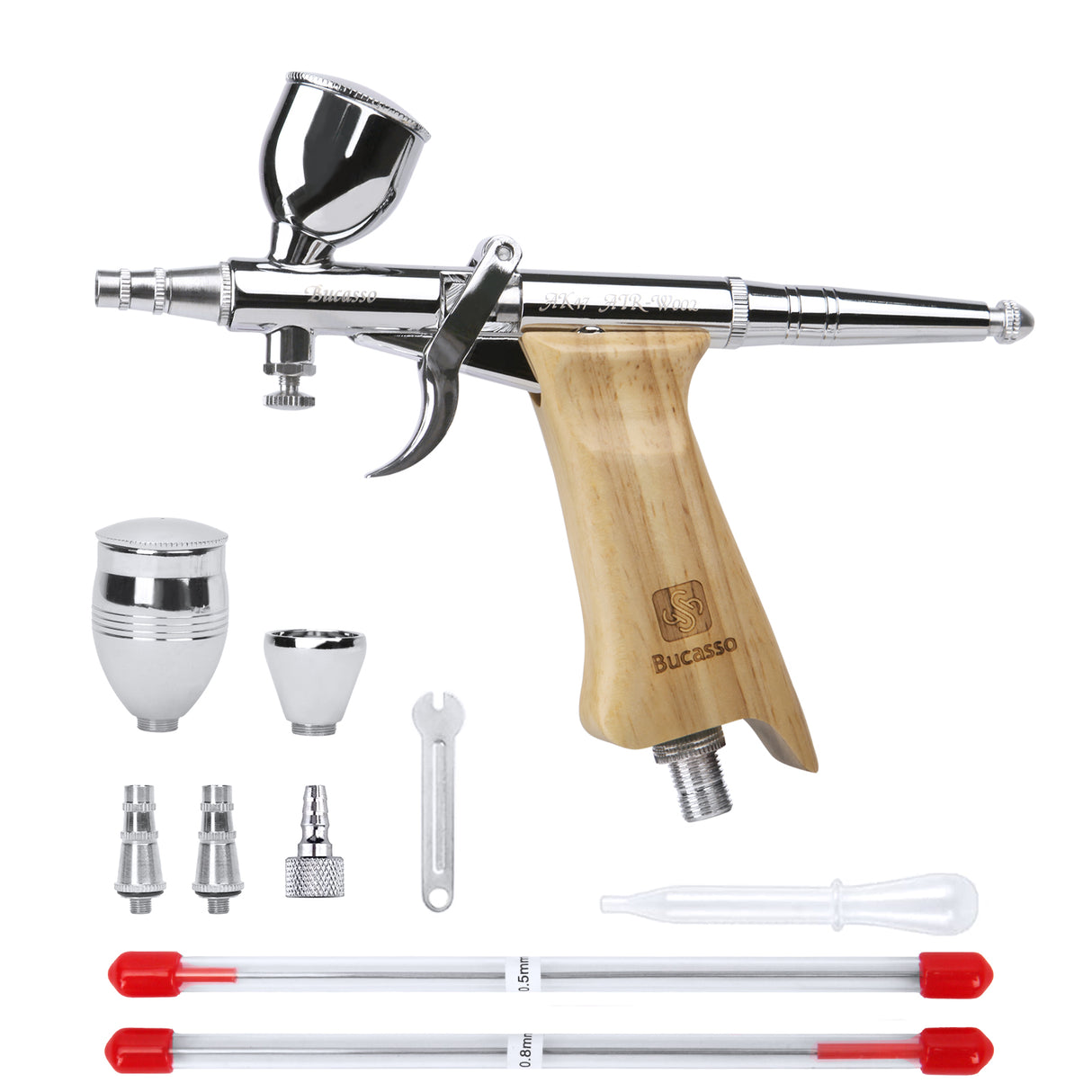 Bucasso Airbrush Guns for Painting, Double Action Trigger Airbrush Kit with 0.3mm/0.5mm/0.8mm Needles/Nozzle Sets, Replaceable Fluid Cup, Airbrush Spray set for Painting Nails Cake Tattoo （Wood Color 02）