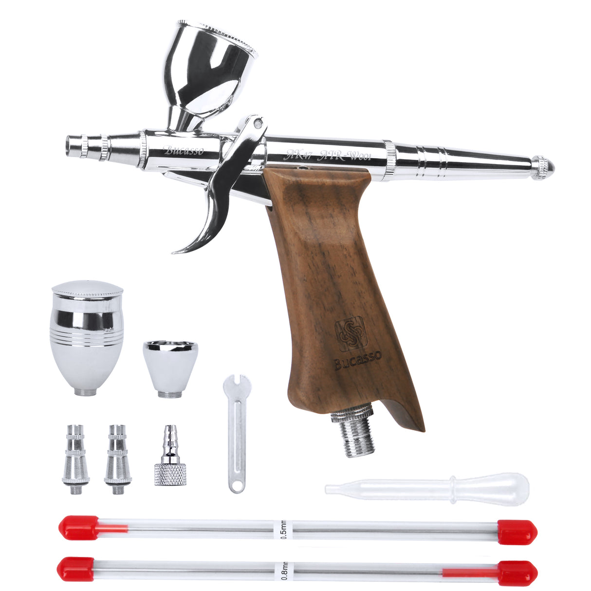 Bucasso Airbrush Kit, Air Brush Spray Gun with 0.3mm/0.5mm/0.8mm Needles/Nozzle Sets, 3cc/7cc/11cc Replaceable Fluid Cup for Painting Model Nails Cake Tattoo Makeup (Walnut 01）