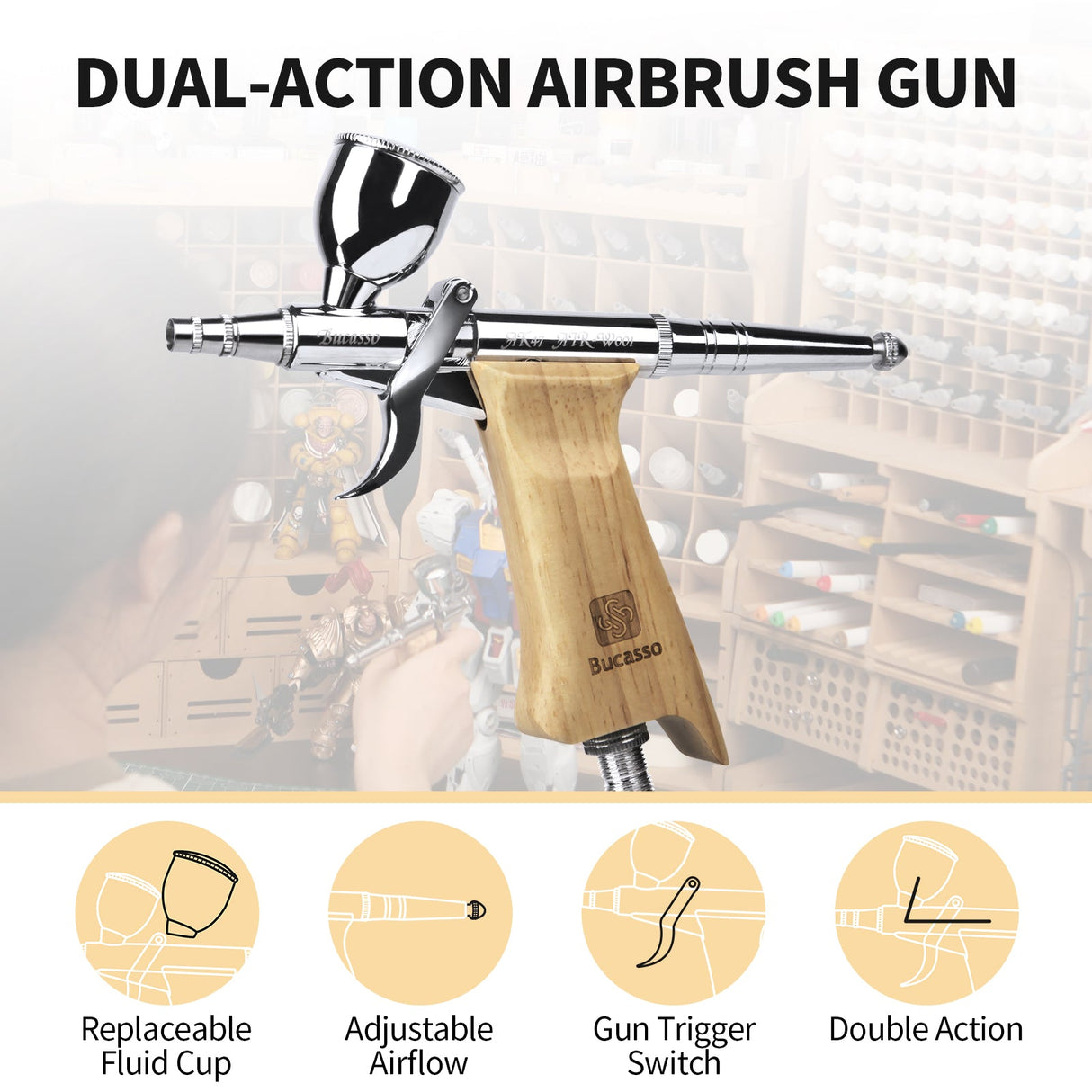 Bucasso Airbrush Guns for Painting, Double Action Trigger Airbrush Kit with 0.3mm/0.5mm/0.8mm Needles/Nozzle Sets, Replaceable Fluid Cup, Airbrush Spray set for Painting Nails Cake Tattoo （Wood Color 01）