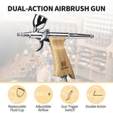 Bucasso Airbrush Guns for Painting, Double Action Trigger Airbrush Kit with 0.3mm/0.5mm/0.8mm Needles/Nozzle Sets, Replaceable Fluid Cup, Airbrush Spray set for Painting Nails Cake Tattoo （Wood Color 01）