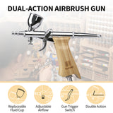 Bucasso Airbrush Guns for Painting, Double Action Trigger Airbrush Kit with 0.3mm/0.5mm/0.8mm Needles/Nozzle Sets, Replaceable Fluid Cup, Airbrush Spray set for Painting Nails Cake Tattoo （Wood Color 02）