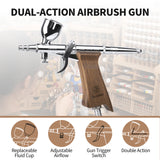 Bucasso Airbrush Kit, Air Brush Spray Gun with 0.3mm/0.5mm/0.8mm Needles/Nozzle Sets, 3cc/7cc/11cc Replaceable Fluid Cup for Painting Model Nails Cake Tattoo Makeup (Walnut)