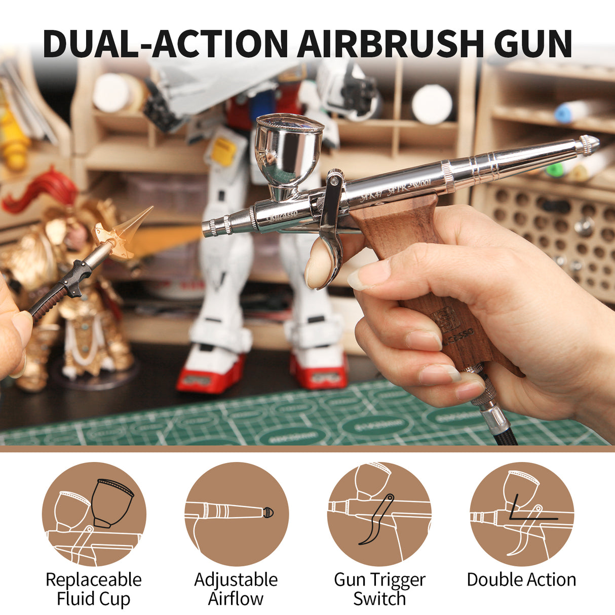 Bucasso Airbrush Kit, Air Brush Spray Gun with 0.3mm/0.5mm/0.8mm Needles/Nozzle Sets, 3cc/7cc/11cc Replaceable Fluid Cup for Painting Model Nails Cake Tattoo Makeup (Walnut 01）