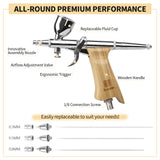 Bucasso Airbrush Guns for Painting, Double Action Trigger Airbrush Kit with 0.3mm/0.5mm/0.8mm Needles/Nozzle Sets, Replaceable Fluid Cup, Airbrush Spray set for Painting Nails Cake Tattoo （Wood Color 02）