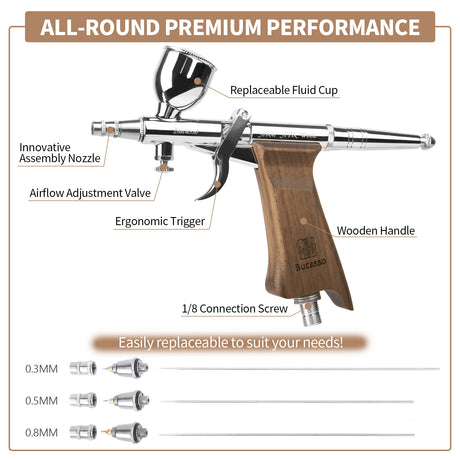 Bucasso Airbrush Kit, Air Brush Spray Gun with 0.3mm/0.5mm/0.8mm Needles/Nozzle Sets, 3cc/7cc/11cc Replaceable Fluid Cup for Painting Model Nails Cake Tattoo Makeup (Walnut)