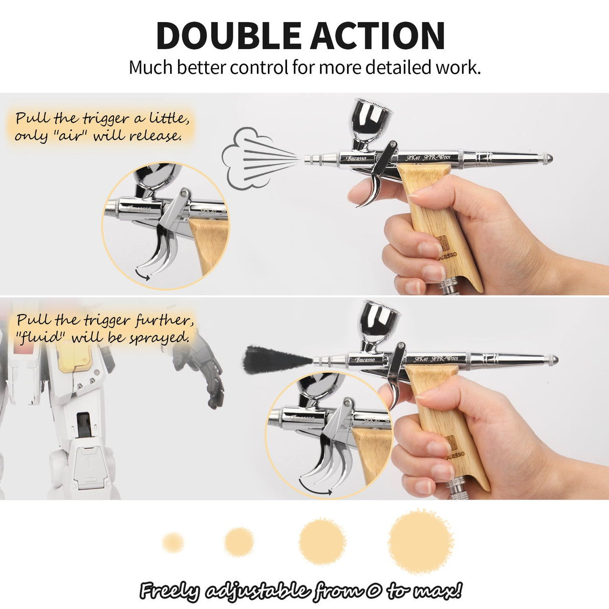 Bucasso Airbrush Guns for Painting, Double Action Trigger Airbrush Kit with 0.3mm/0.5mm/0.8mm Needles/Nozzle Sets, Replaceable Fluid Cup, Airbrush Spray set for Painting Nails Cake Tattoo （Wood Color 01）