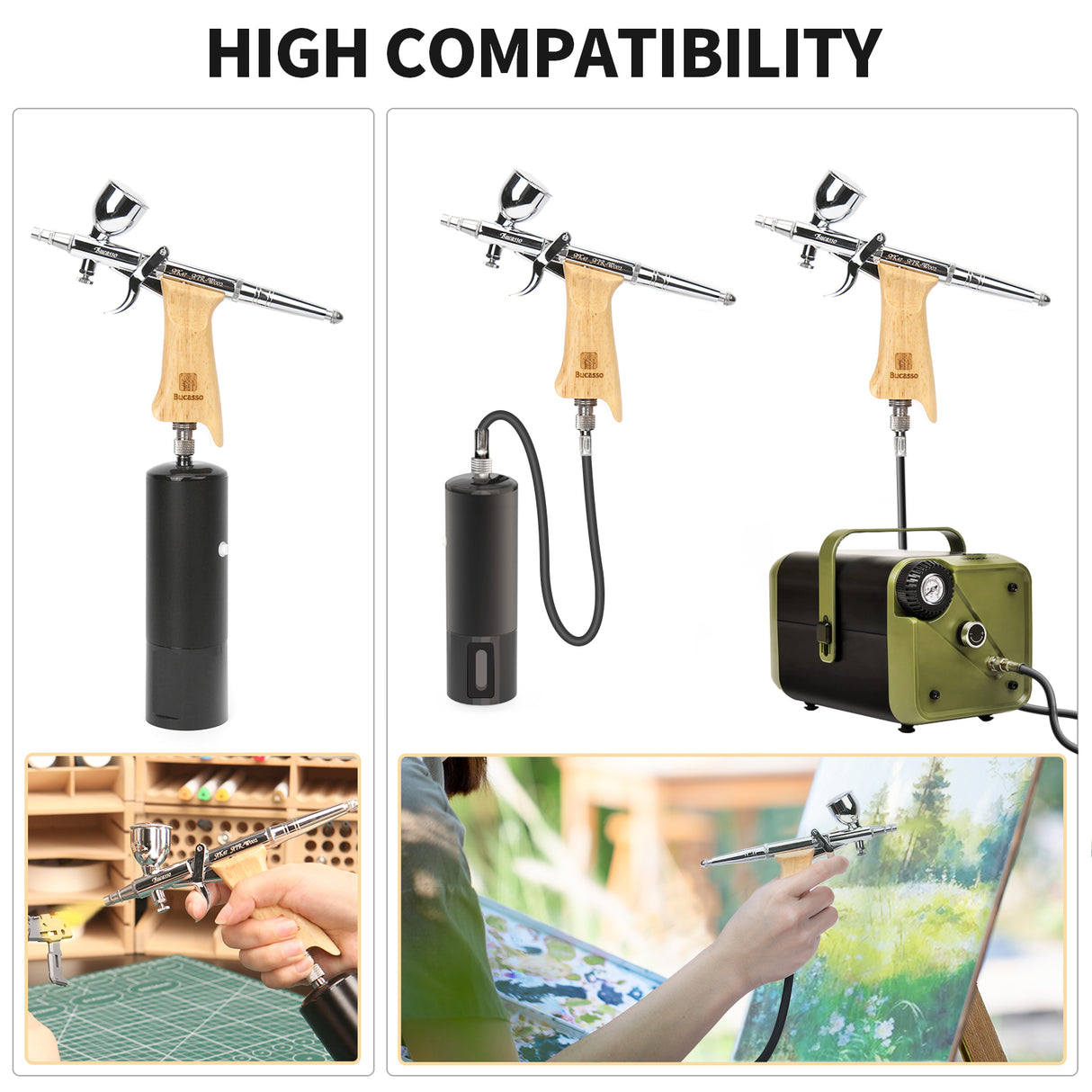 Bucasso Airbrush Guns for Painting, Double Action Trigger Airbrush Kit with 0.3mm/0.5mm/0.8mm Needles/Nozzle Sets, Replaceable Fluid Cup, Airbrush Spray set for Painting Nails Cake Tattoo （Wood Color 02）