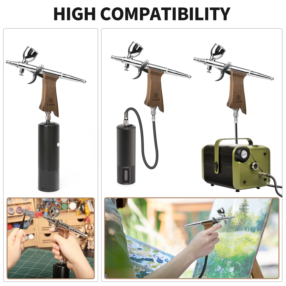 Bucasso Airbrush Kit, Air Brush Spray Gun with 0.3mm/0.5mm/0.8mm Needles/Nozzle Sets, 3cc/7cc/11cc Replaceable Fluid Cup for Painting Model Nails Cake Tattoo Makeup (Walnut)