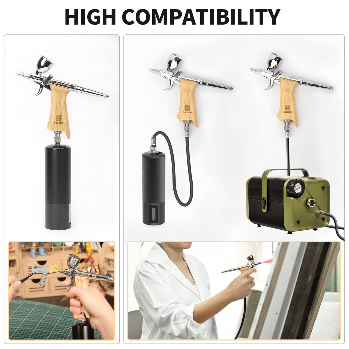 Bucasso Airbrush Guns for Painting, Double Action Trigger Airbrush Kit with 0.3mm/0.5mm/0.8mm Needles/Nozzle Sets, Replaceable Fluid Cup, Airbrush Spray set for Painting Nails Cake Tattoo （Wood Color 01）