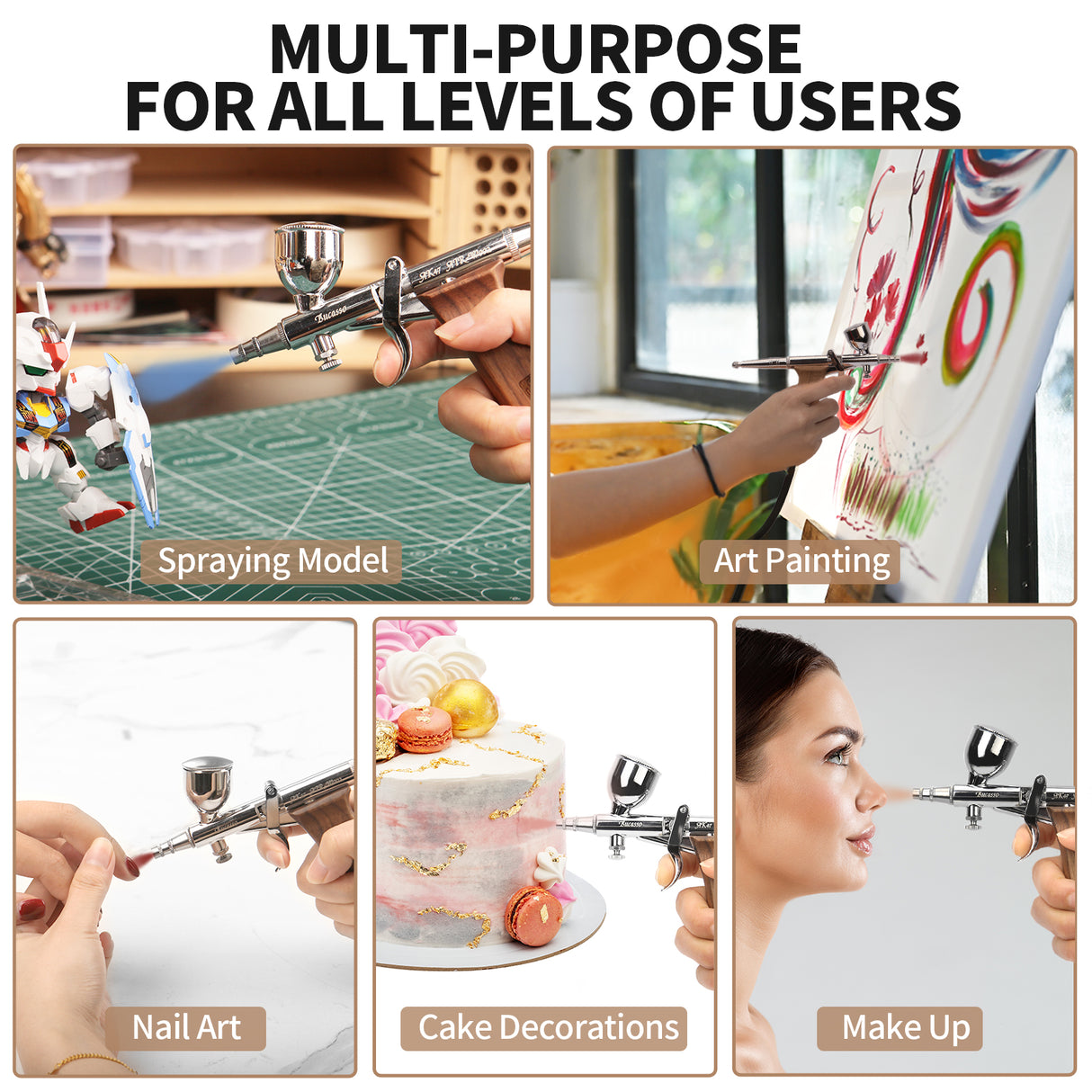 Bucasso Airbrush Kit, Air Brush Spray Gun with 0.3mm/0.5mm/0.8mm Needles/Nozzle Sets, 3cc/7cc/11cc Replaceable Fluid Cup for Painting Model Nails Cake Tattoo Makeup (Walnut)