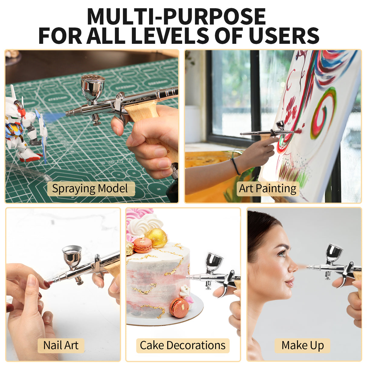 Bucasso Airbrush Guns for Painting, Double Action Trigger Airbrush Kit with 0.3mm/0.5mm/0.8mm Needles/Nozzle Sets, Replaceable Fluid Cup, Airbrush Spray set for Painting Nails Cake Tattoo （Wood Color 02）