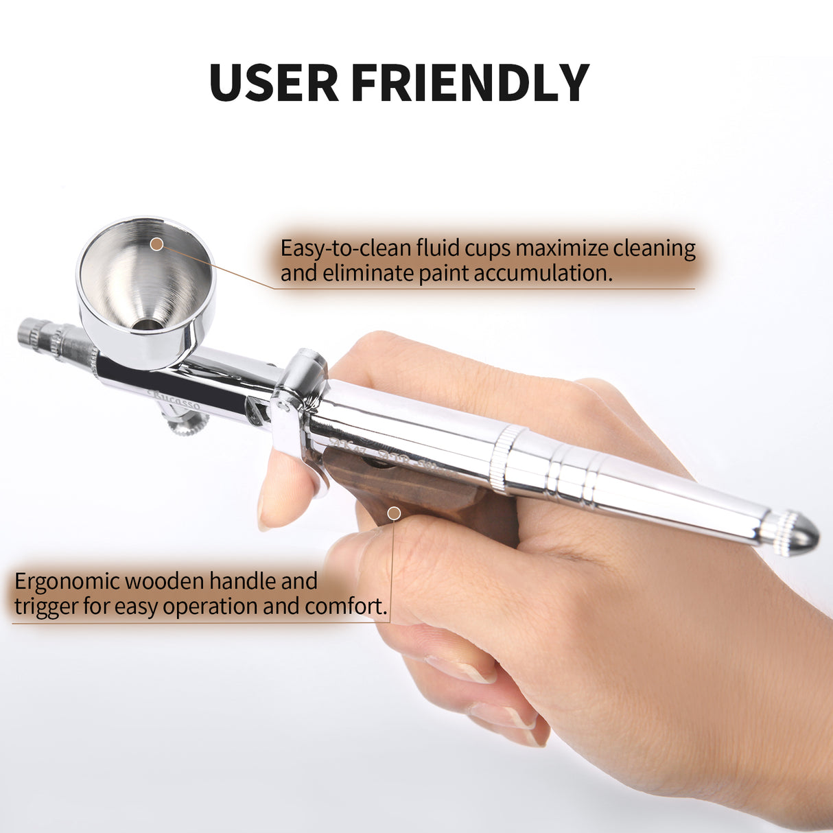 Bucasso Airbrush Kit, Air Brush Spray Gun with 0.3mm/0.5mm/0.8mm Needles/Nozzle Sets, 3cc/7cc/11cc Replaceable Fluid Cup for Painting Model Nails Cake Tattoo Makeup (Walnut)