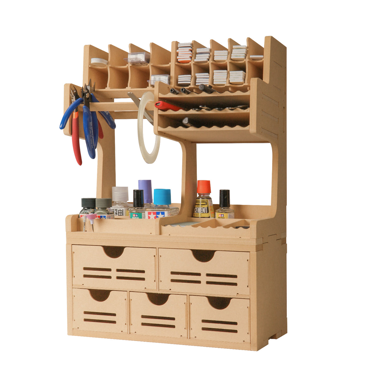 Plastic Model Paint Rack Tool Storage All-in-One Modeling Tool Storage Rack Drawer Parts Storage Rack MDF Material Pliers/Files/Brush/Tweezers/Paint Storage Assembly Workstation GK Plus